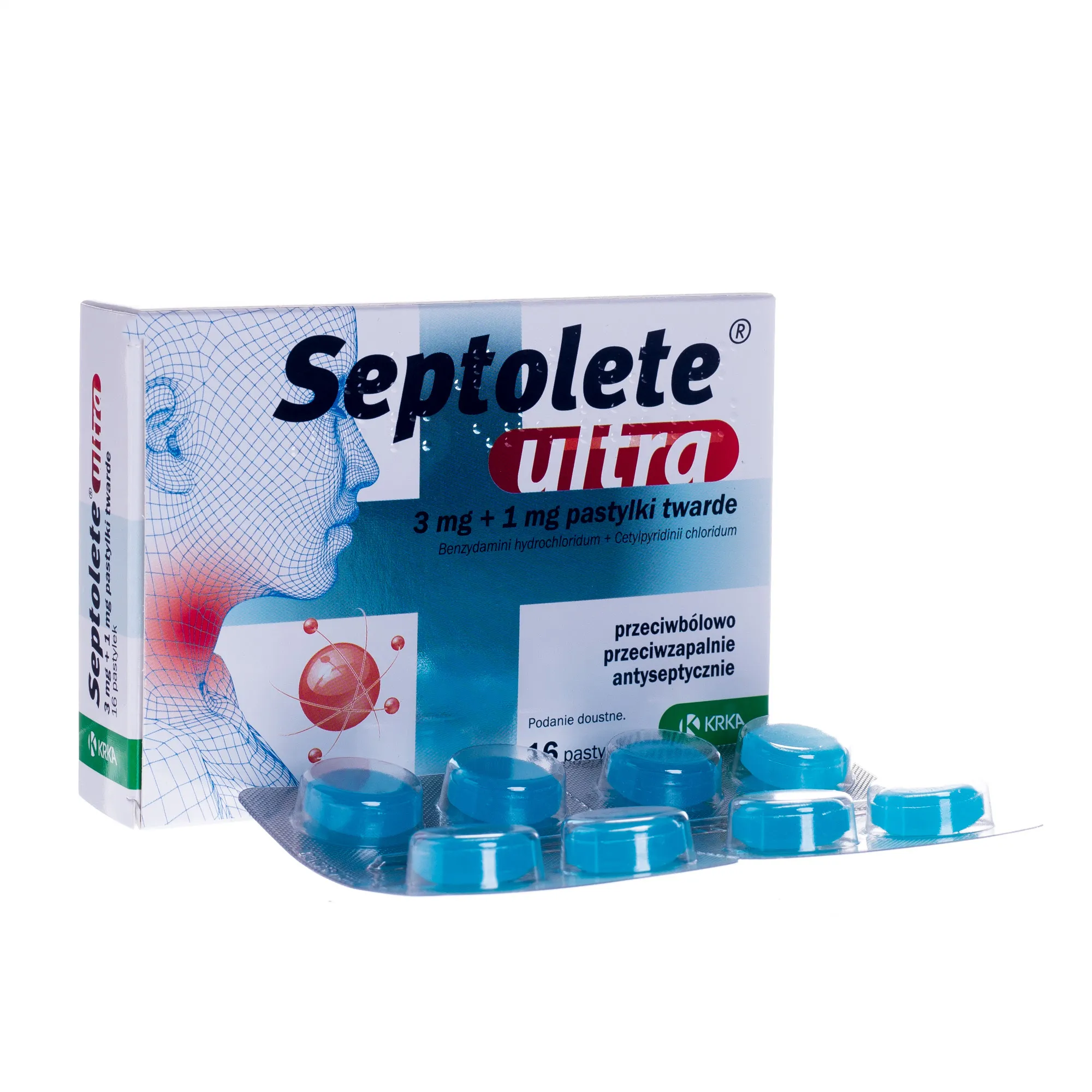 Septolete ultra o smaku eukaliptusowym, 3 mg + 1 mg, 16 pastylek twardych 