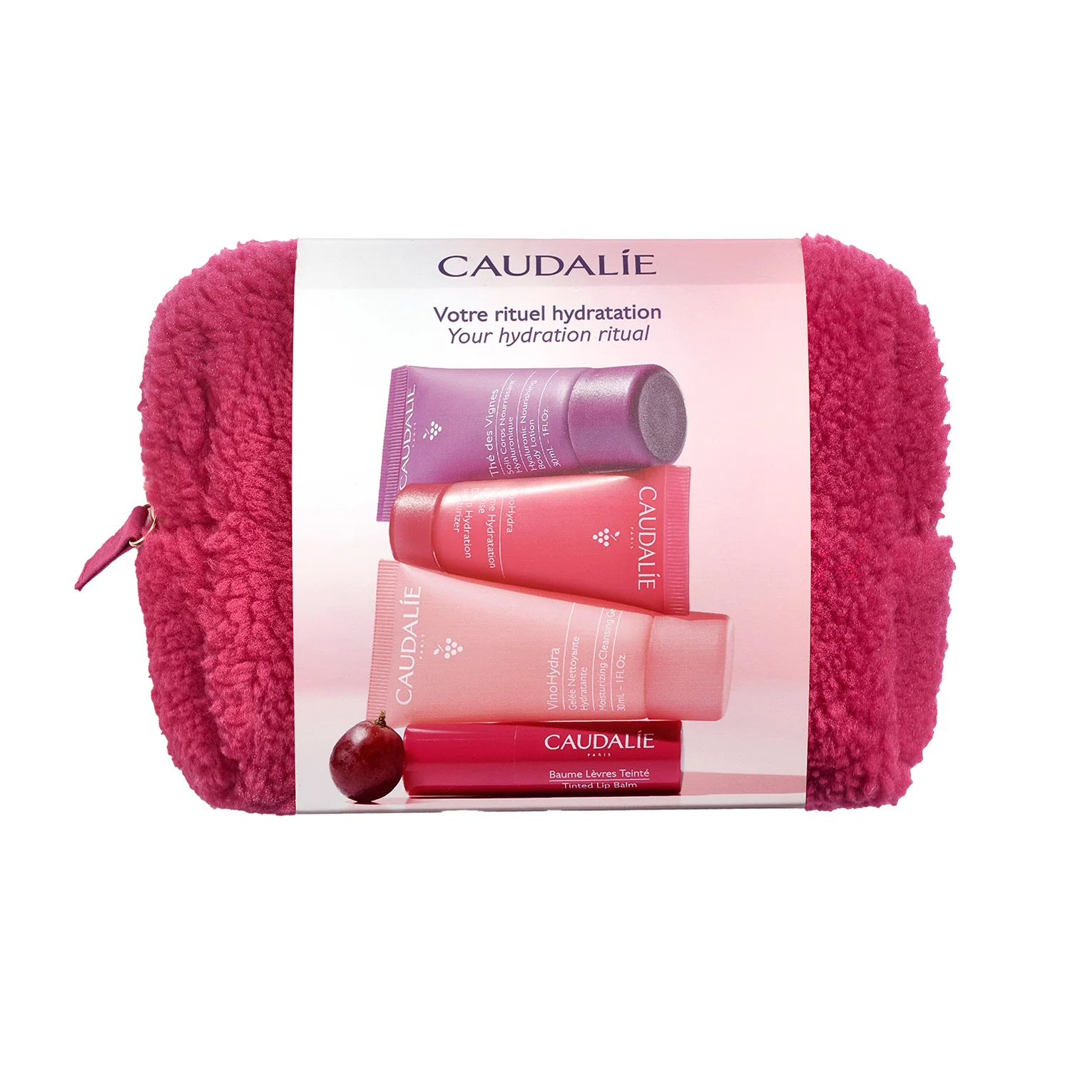 Caudalie Zestaw Winter Pouch nawilżający żel myjący VinoHydra, 30 ml + intensywnie nawilżający krem VinoHydra, 15 ml + koloryzujący balsam do ust, 4,5 g + nawilżający balsam do ciała Thé des Vignes, 30 ml
