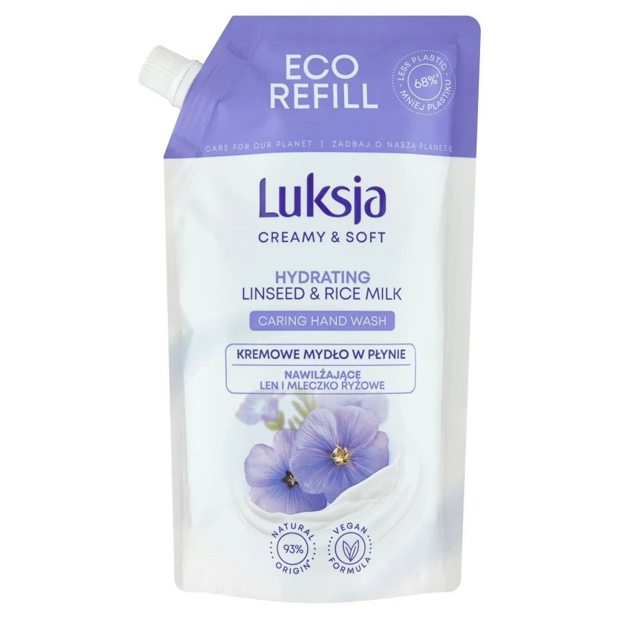 Luksja Creamy & Soft kremowe mydło w płynie Nawilżające len i mleczko ryżowe, uzupełnienie, 400 ml