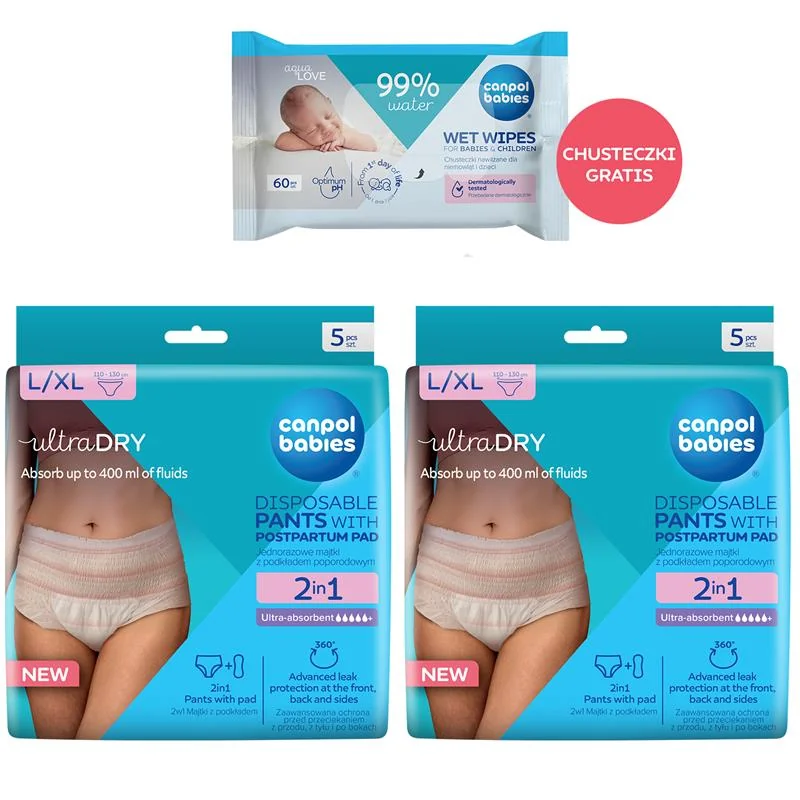 Canpol babies ultraDRY Zestaw oddychające majtki jednorazowe z podkładem poporodowym L/XL, 2 x 5 sztuk + chusteczki nawilżające, 60 sztuk GRATIS