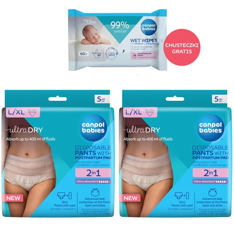 Canpol babies ultraDRY Zestaw oddychające majtki jednorazowe z podkładem poporodowym L/XL, 2 x 5 sztuk + chusteczki nawilżające, 60 sztuk GRATIS