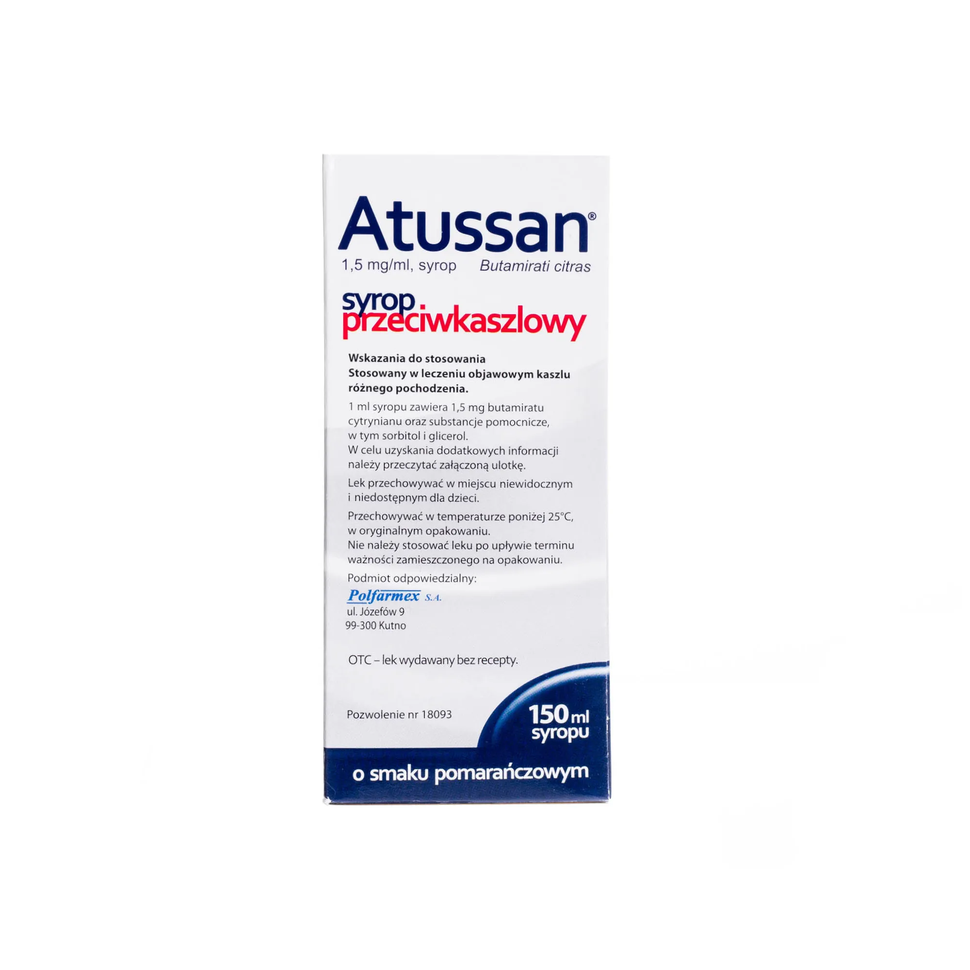 Atussan - syrop przeciwkaszlowy stosowany w kaszlu różnego pochodzenia, 150 ml syropu o smaku pomarańczowym 