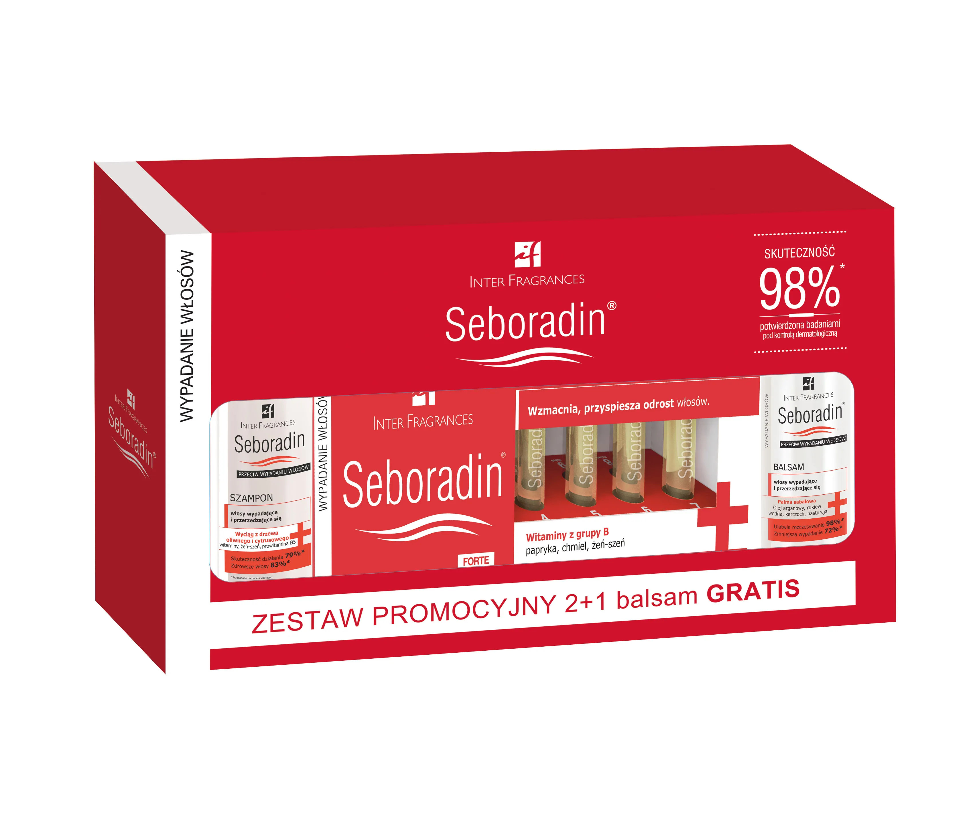 Seboradin zestaw przeciw wypadaniu włosów szampon, 200 ml + ampułki, 14 szt x 5,5 ml + balsam, 200 ml