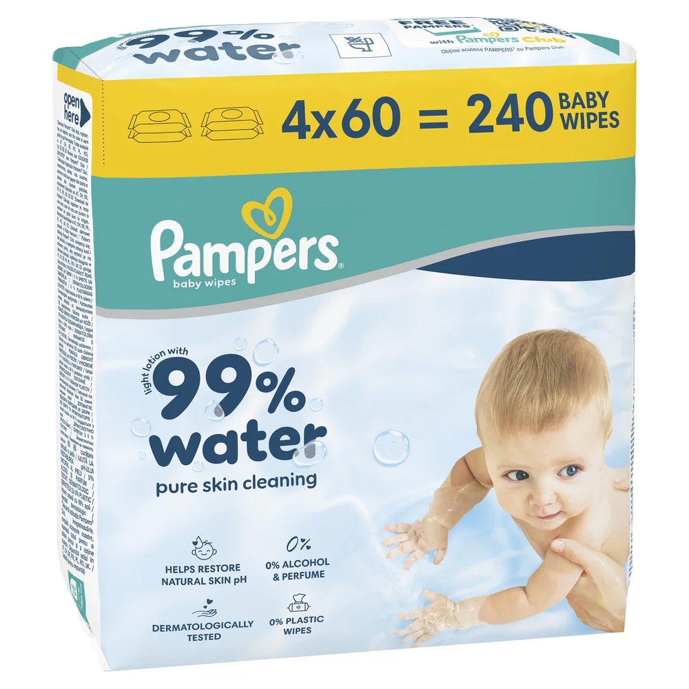 Pampers 99% Water chusteczki nawilżane dla dzieci, 4 x 60 sztuk