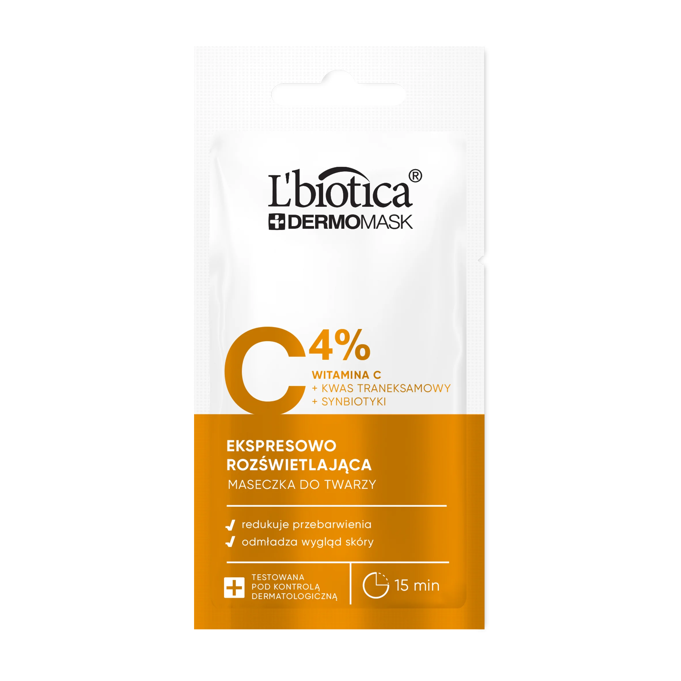 L'biotica Dermomask ekspresowo rozświetlająca maska z witaminą C, 8 ml