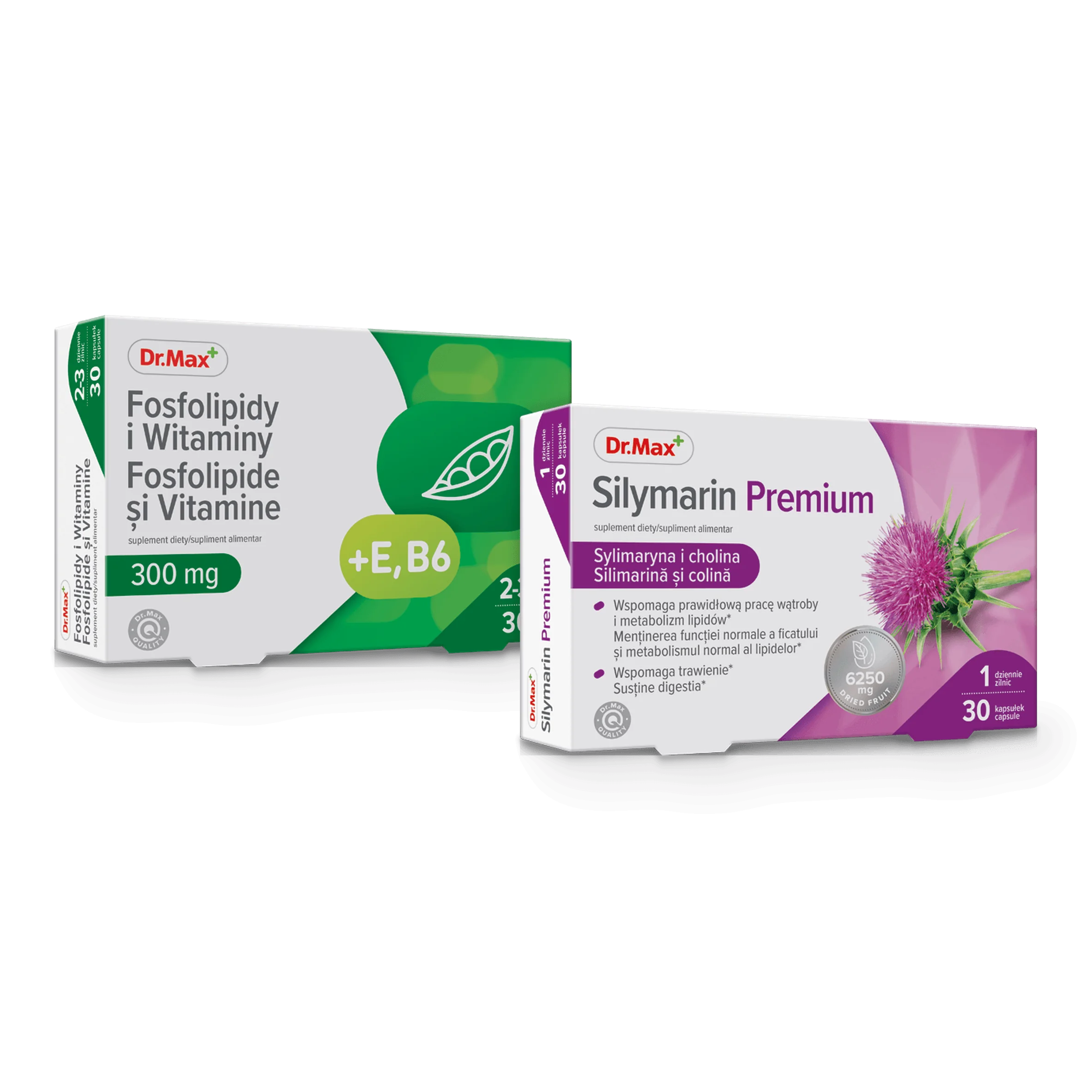 Komplet troski o wątrobę Silymarin Premium Dr. Max 30 kapsułek + Fosfolipidy i Witaminy Dr. Max 300 mg 30 kapsułek