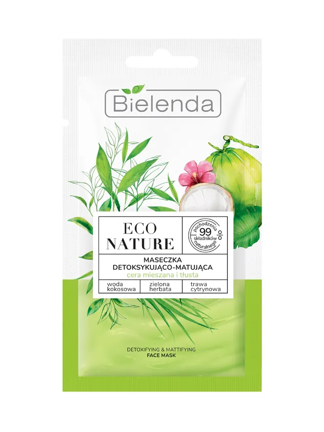 Bielenda Eco Nature Woda kokosowa Zielona Herbata Trawa Cytrynowa Maseczka detoksykująco-matująca do cery tłustej i mieszanej, 8 g