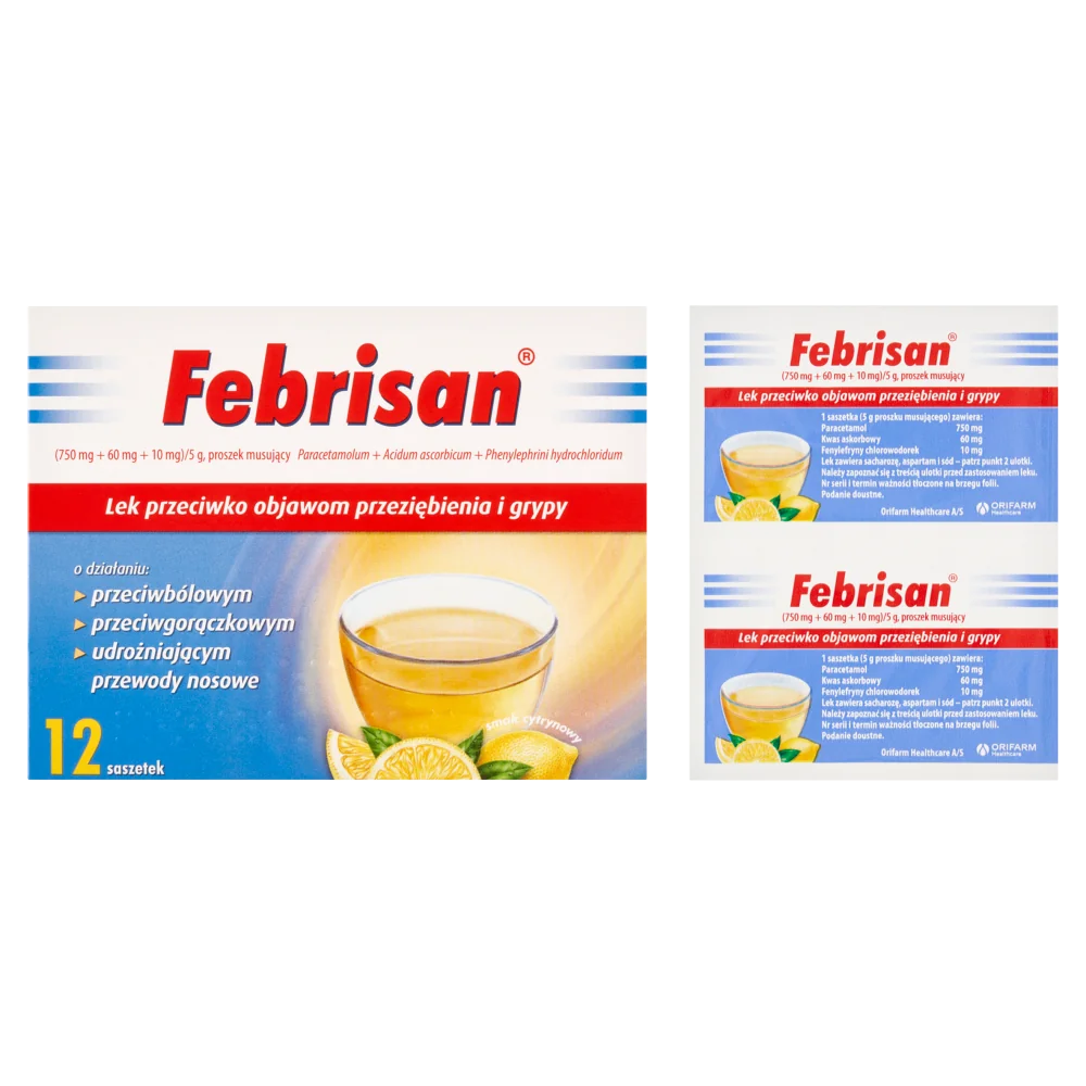 Febrisan (750 mg + 60 mg + 10 mg)/ 5 g proszek musujący, 12 saszetek