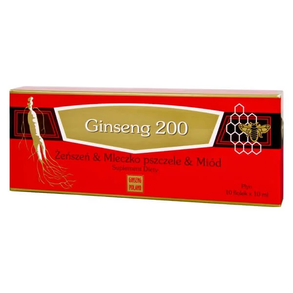 Ginseng 200 Żeń-Szeń, mleczko pszczele i miód, suplement diety, 10 fiolek po 10 ml