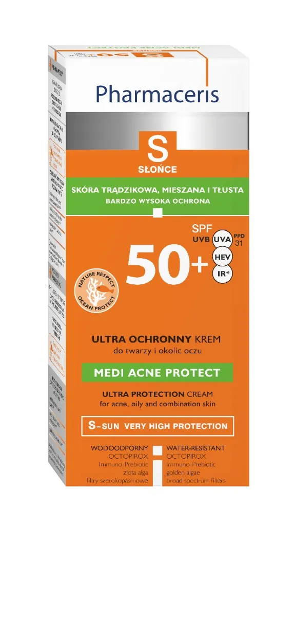 Pharmaceris S Medi Acne Protect, ultra ochronny krem-żel dla skóry trądzikowej, mieszanej i tłustej, SPF 50+, 50 ml 