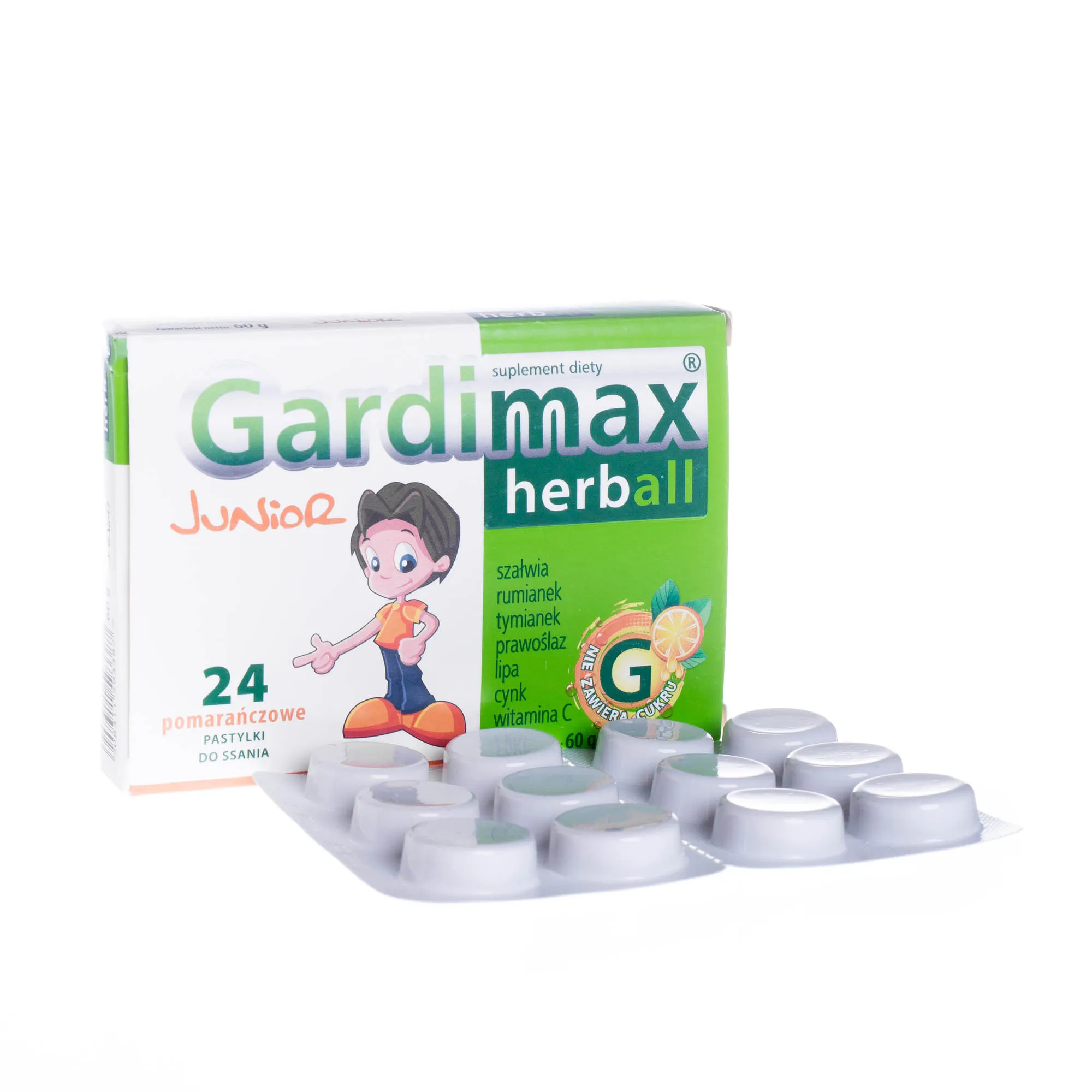 Gardimax herball junior herball, suplement diety, 24 pomarańczowe pastylki do ssania 