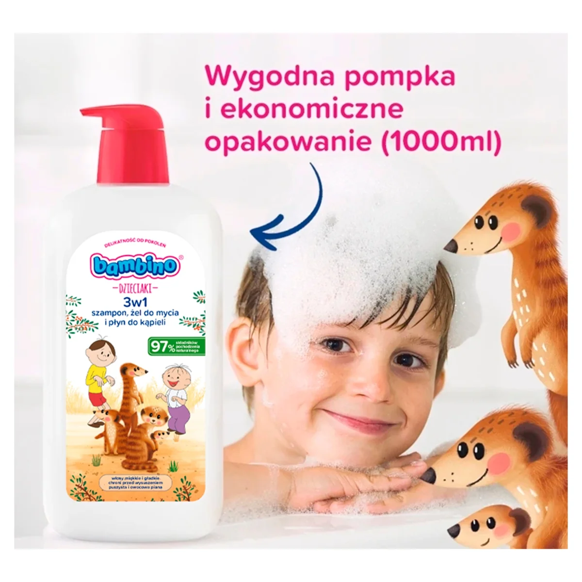 Bambino Dzieciaki Surykatki 3w1 szampon, żel pod prysznic i płyn do kąpieli, 1000 ml