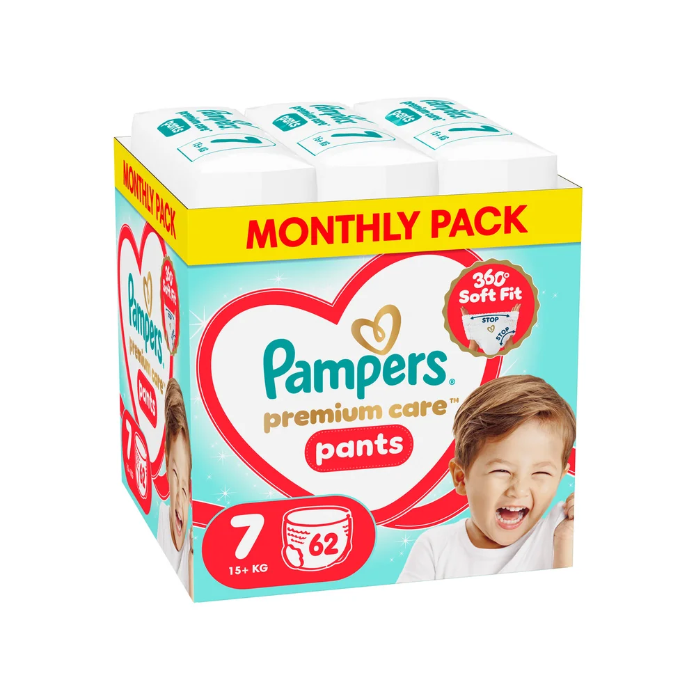Pampers Premium Care Pants 7 pieluchomajtki, rozmiar 7, 15+ kg, 62 sztuki