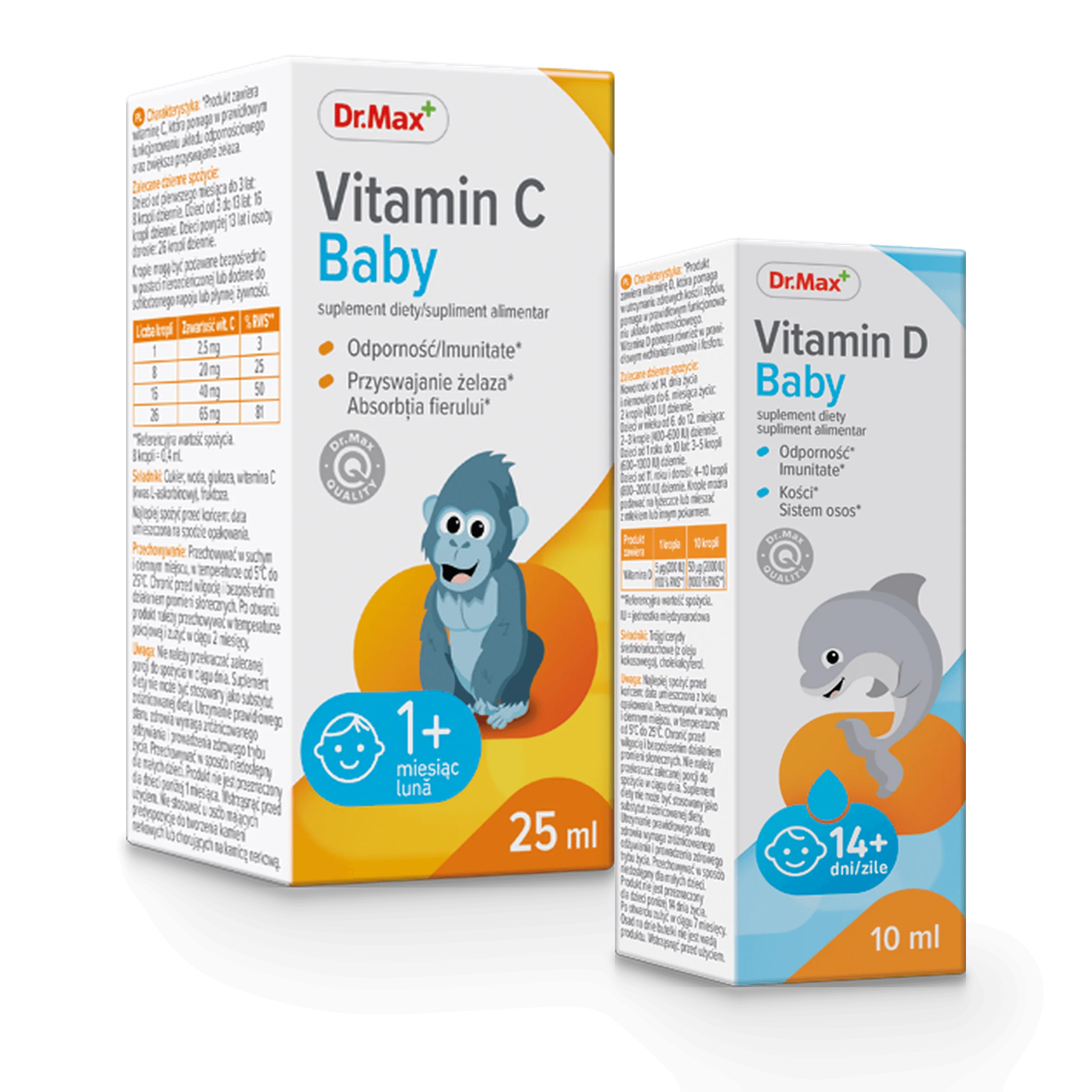 Komplet troski o odporność dziecka Vitamin C Baby Dr. Max 25 ml + Vitamin D Baby Dr. Max 10 ml