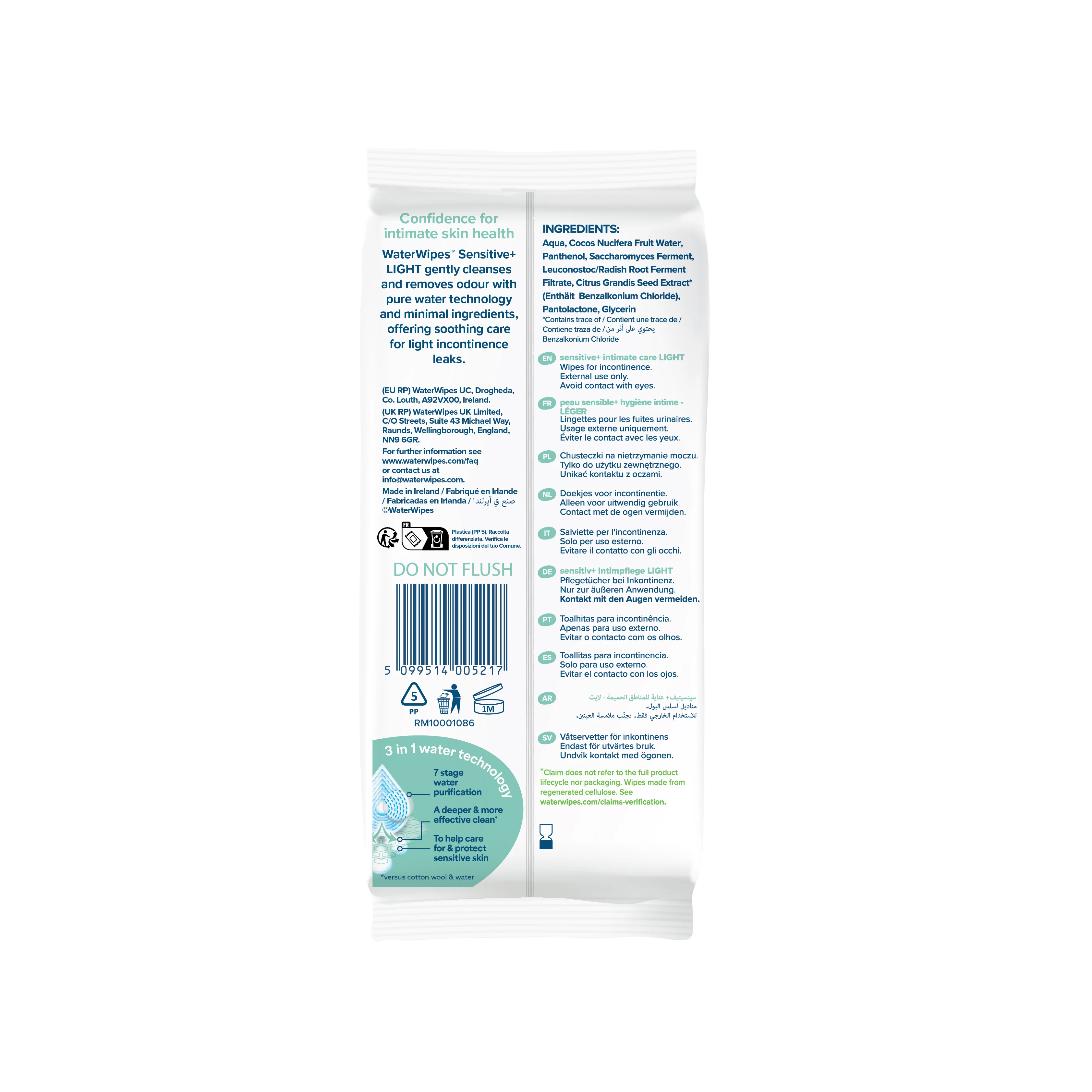 WaterWipes Body&Intimate Light chusteczki do higieny intymnej dla osób z problemem nietrzymania moczu, 30 sztuk