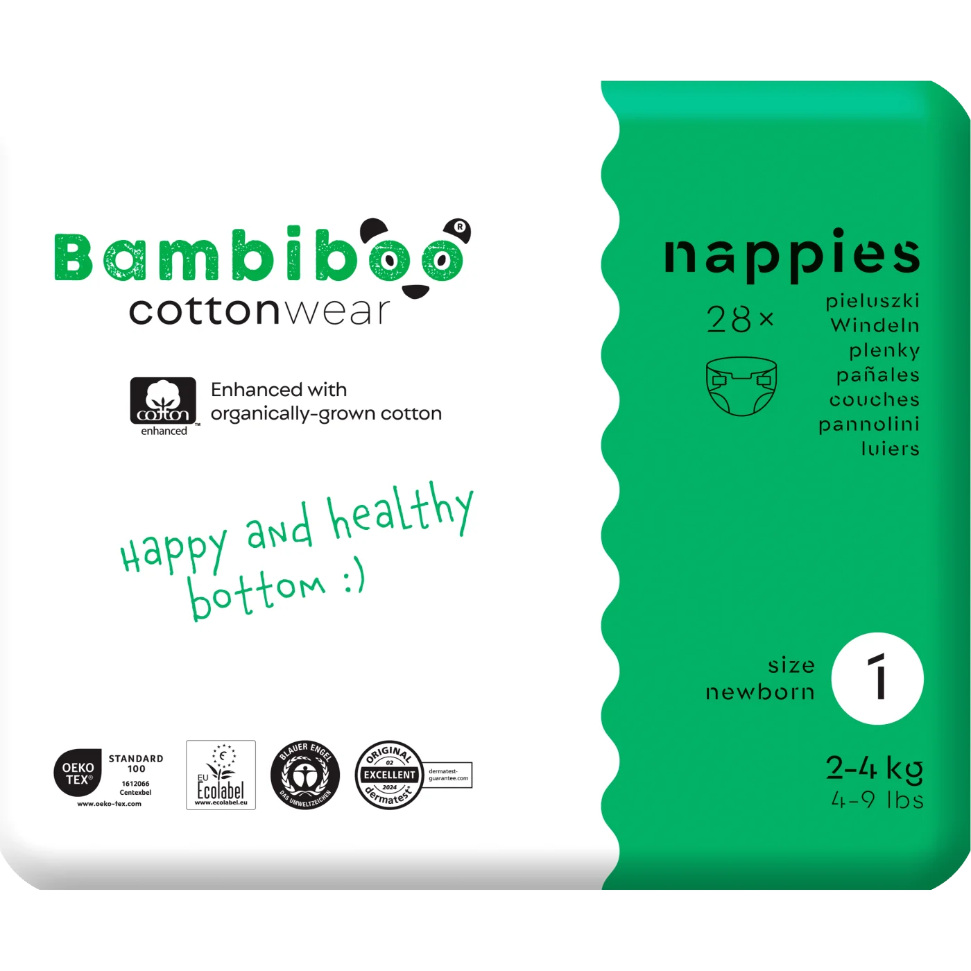 Bambiboo COTTONWEAR jednorazowe pieluszki z bawełną organiczną i wycięciem na pępek rozmiar 1, 28 szt.