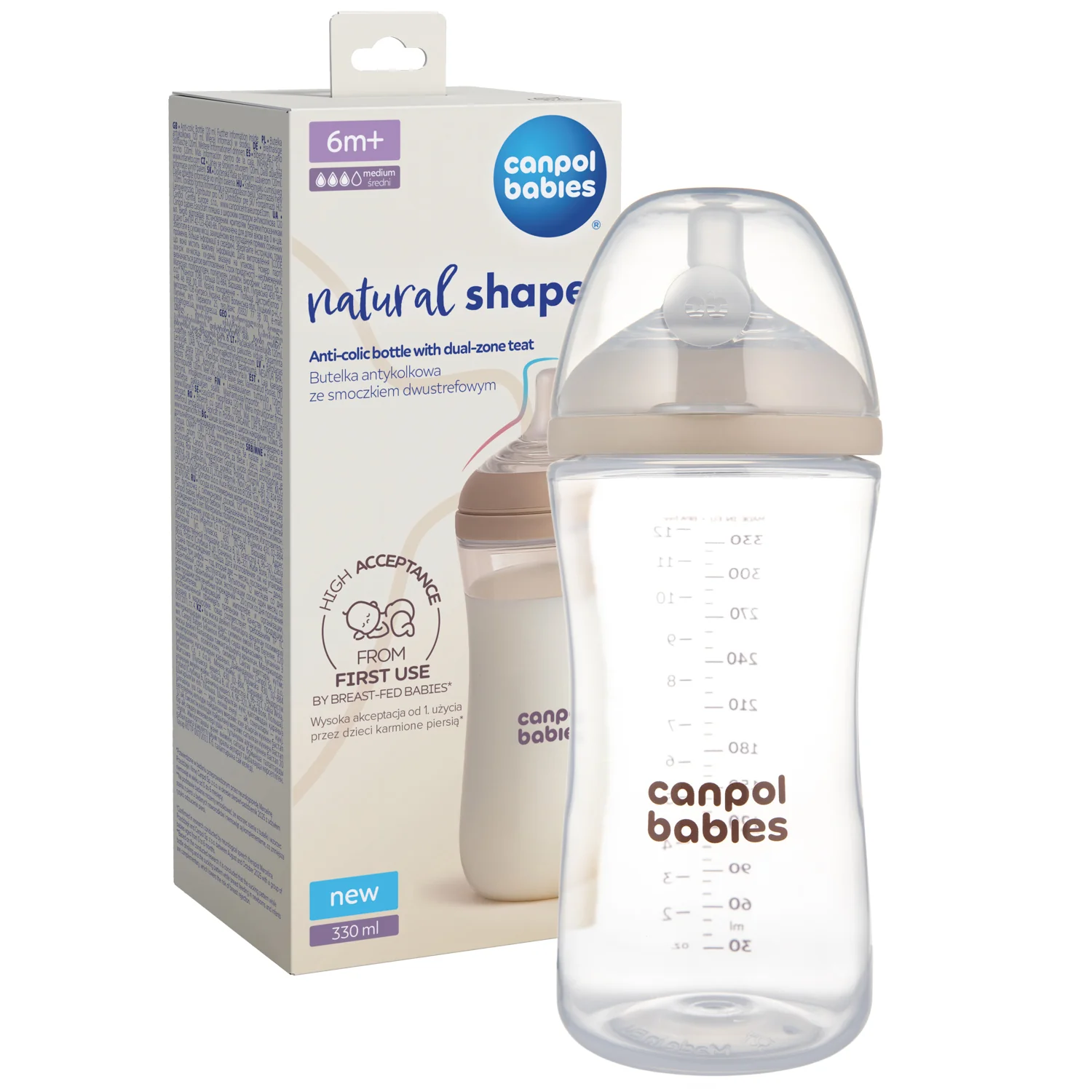 Canpol Babies Natural Shape butelka ze smoczkiem dwustrefowym 330 ml, 1 sztuka