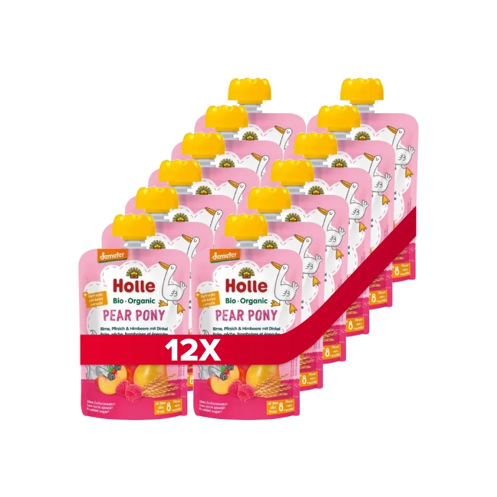 Holle BIO Pear Pony mus gruszkowy Kucyk z gruszek, brzoskwiń, malin i orkiszu dla niemowląt powyżej 8. miesiąca życia, 12 x 100 g