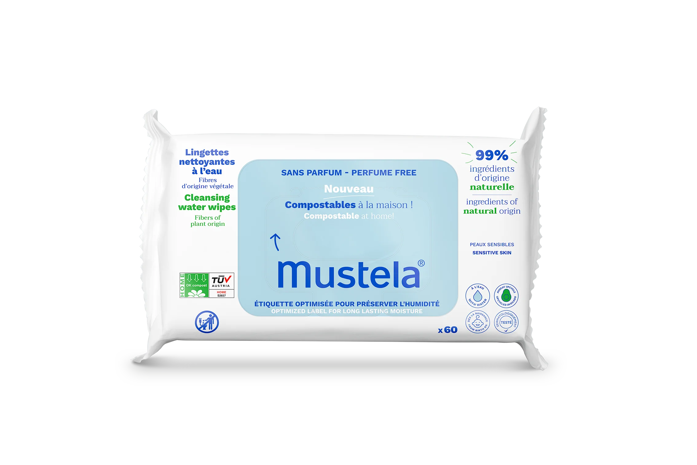 Mustela kompostowalne chusteczki oczyszczające z wodą, 60 sztuk