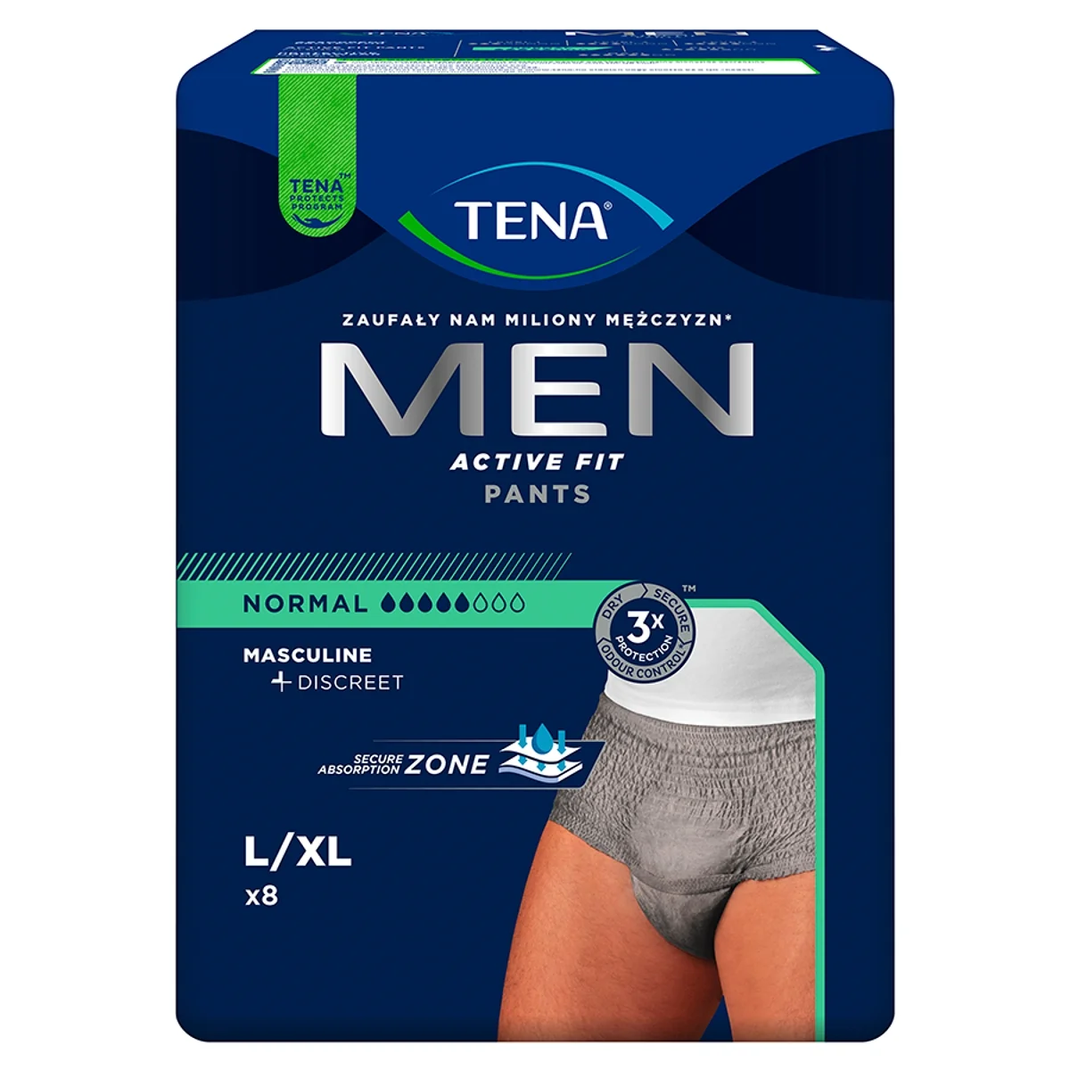 TENA Men Active Fit Pants majtki chłonne Normal Grey L/XL, 8 sztuk