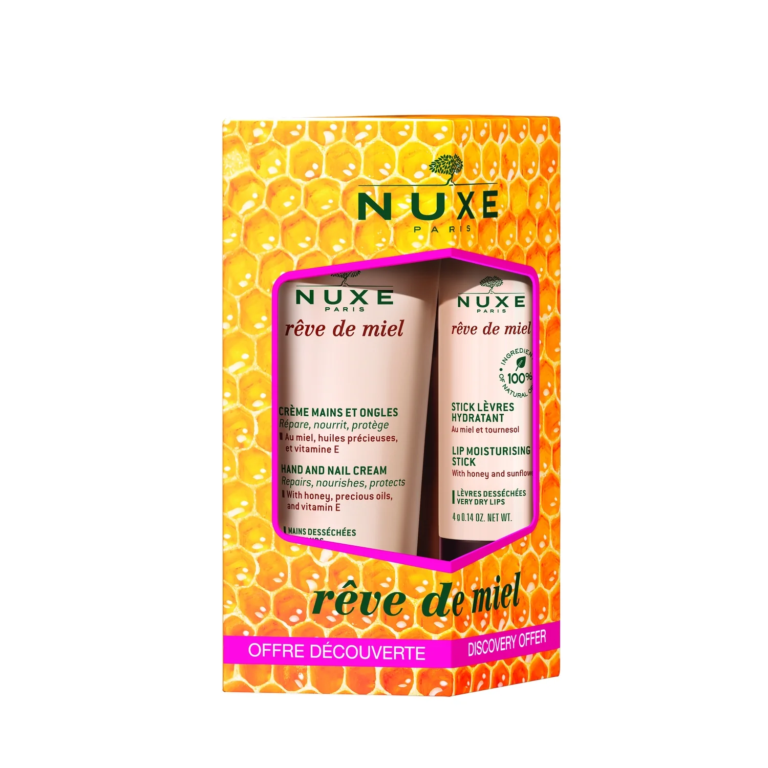 Nuxe Rêve de miel® Zestaw krem do rąk, 30 ml + nawilżająca pomadka do ust, 4 g
