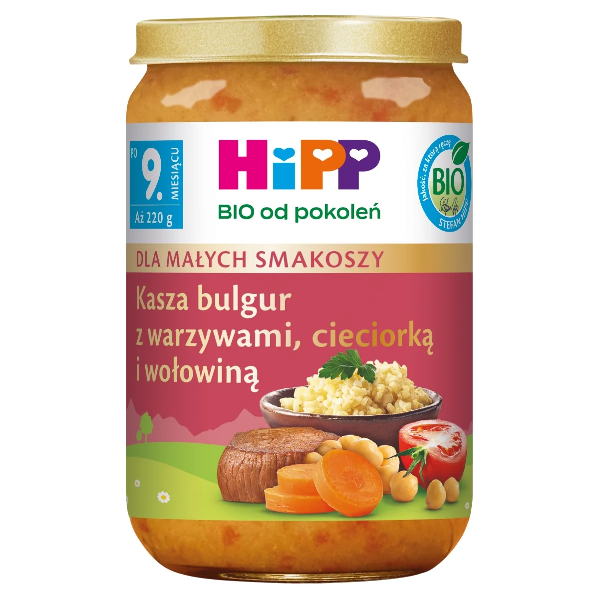 HiPP BIO od pokoleń kasza bulgur z warzywami, cieciorką i wołowiną, po 9. miesiącu, 220 g