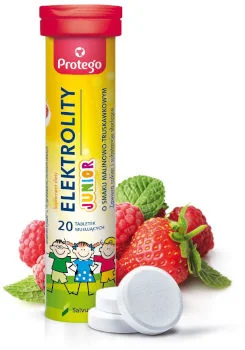 Protego Elektrolity Junior tuba 20 tabletek musujących o smaku malinowo-truskawkowym Protego Elektrolity Junior tuba 20 tabletek musujących o smaku malinowo-truskawkowym