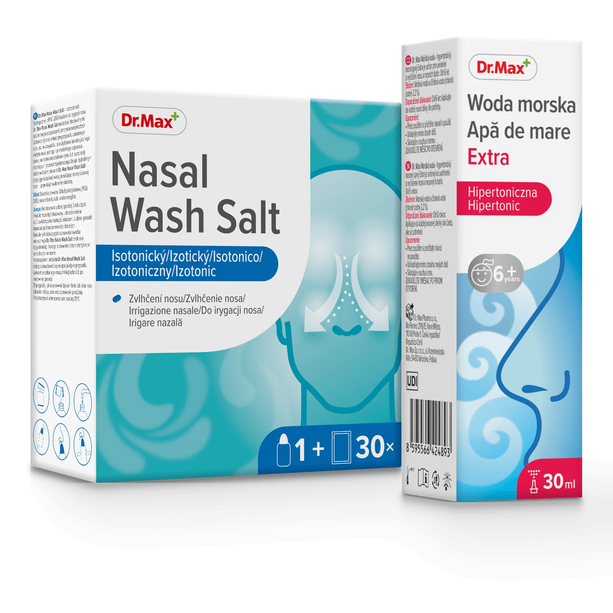 Komplet troski o zatoki Nasal Wash Salt Dr. Max 30 saszetek + butelka + Woda Morska Extra Dr. Max 30ml