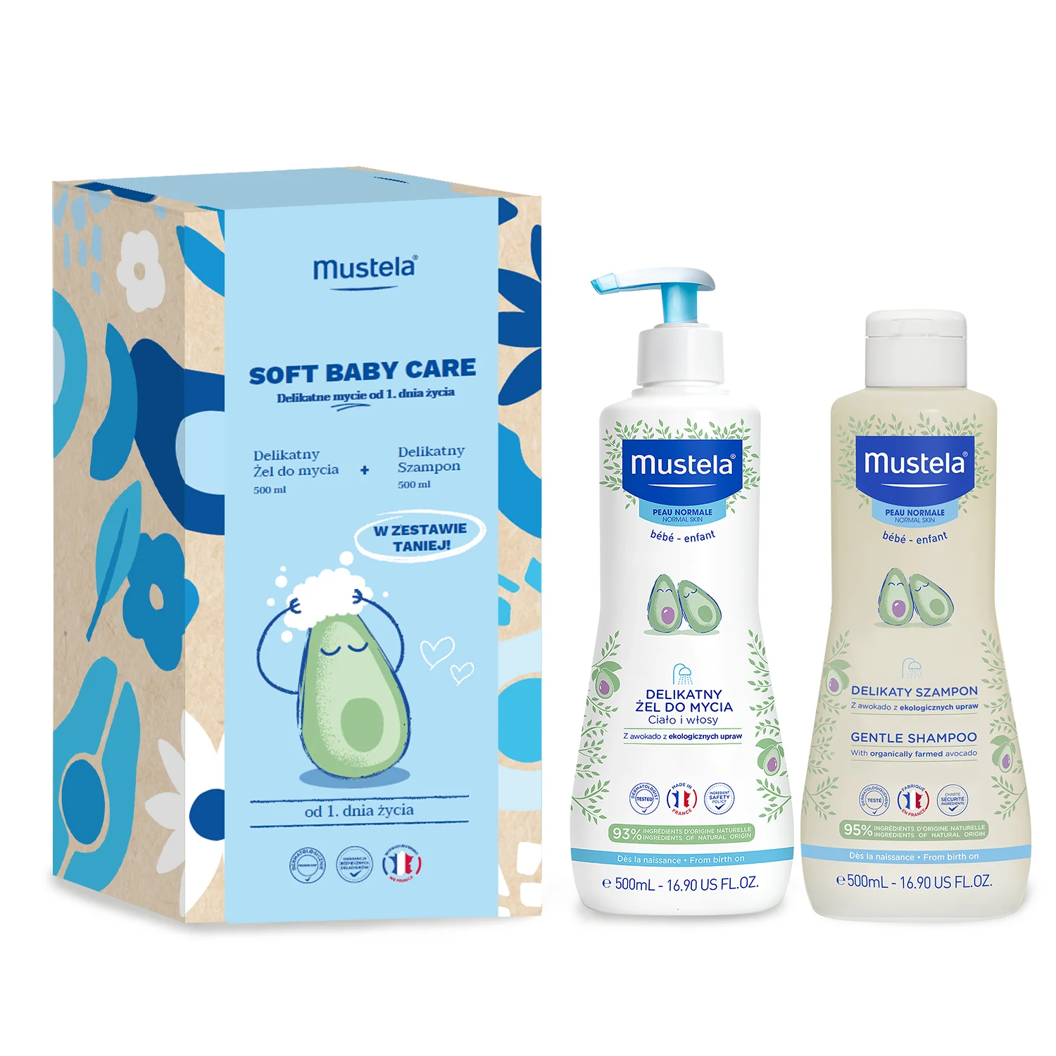 Mustela Soft Baby Care Zestaw żel do mycia, 500 ml + delikatny szampon, 500 ml