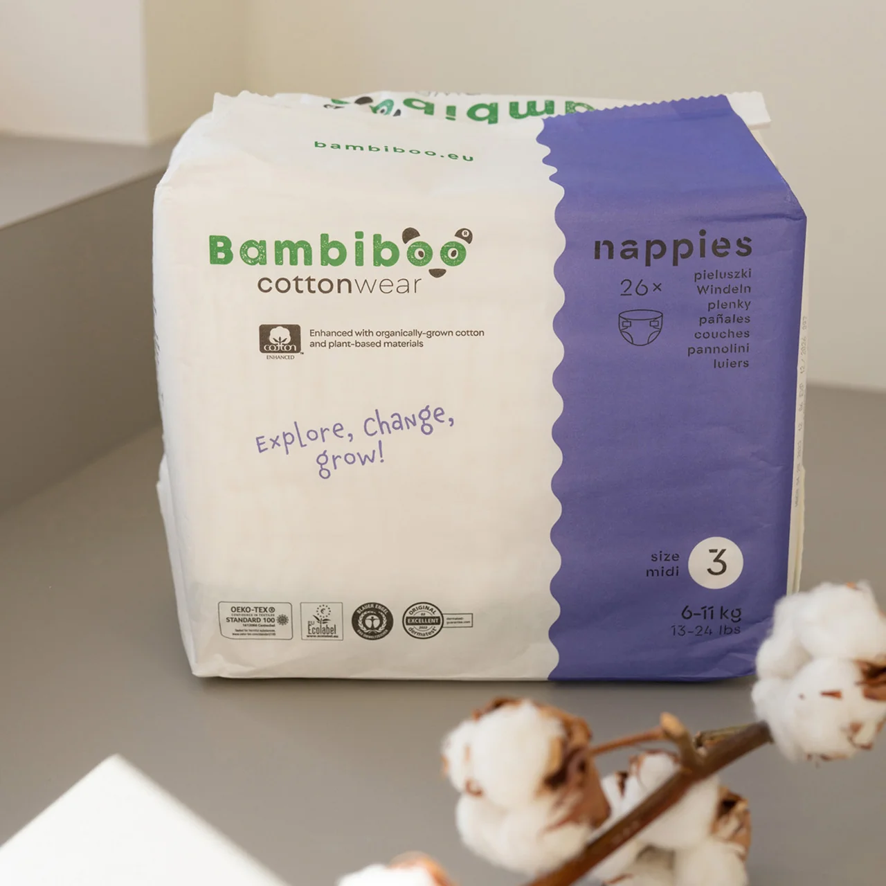 Bambiboo COTTONWEAR jednorazowe pieluszki z bawełną organiczną rozmiar 3, 26 szt.
