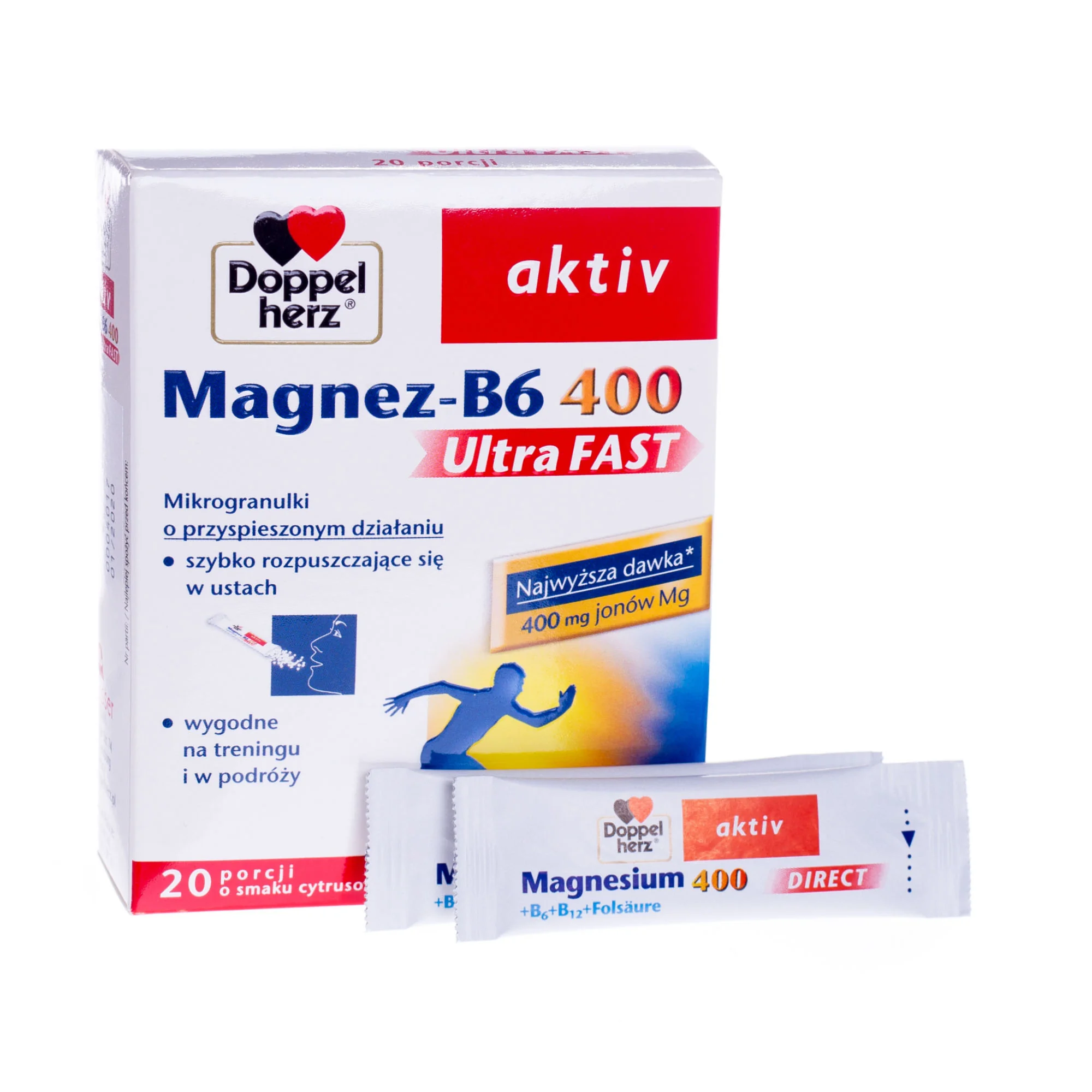 Doppelherz aktiv, Magnez-B6 Ultra FAST, suplement diety, 20 porcji o smaku cytrynowym 