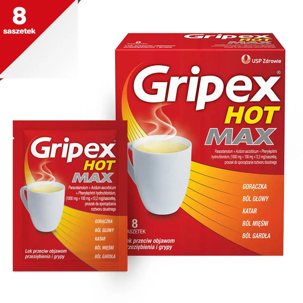 Gripex Hot Max, 1000 mg + 100 mg + 12,2 mg, proszek do sporządzania roztworu doustnego, 8 saszetek 