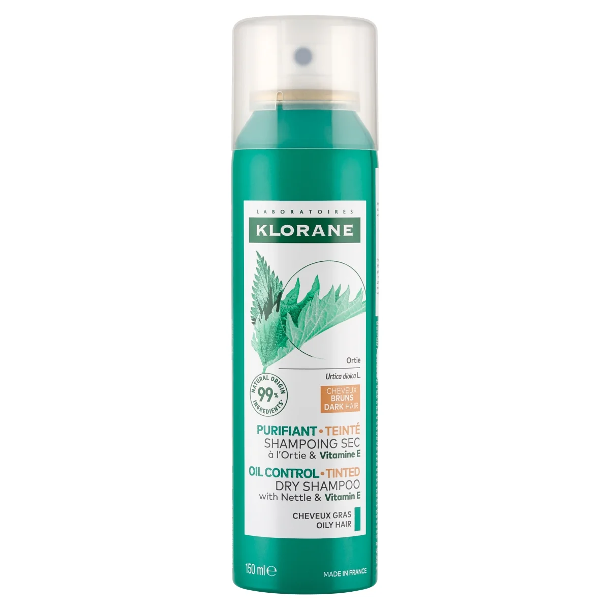 Klorane seboregulujący szampon suchy z pigmentem z pokrzywą i witaminą E włosy ciemne, 150 ml