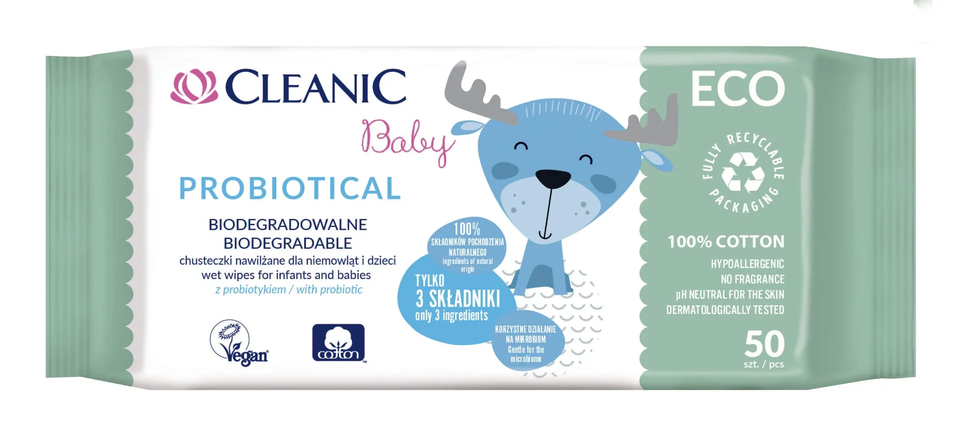 Cleanic Eco Baby Probiotical, biodegradowalne chusteczki dla dzieci i niemowląt, 50 sztuk