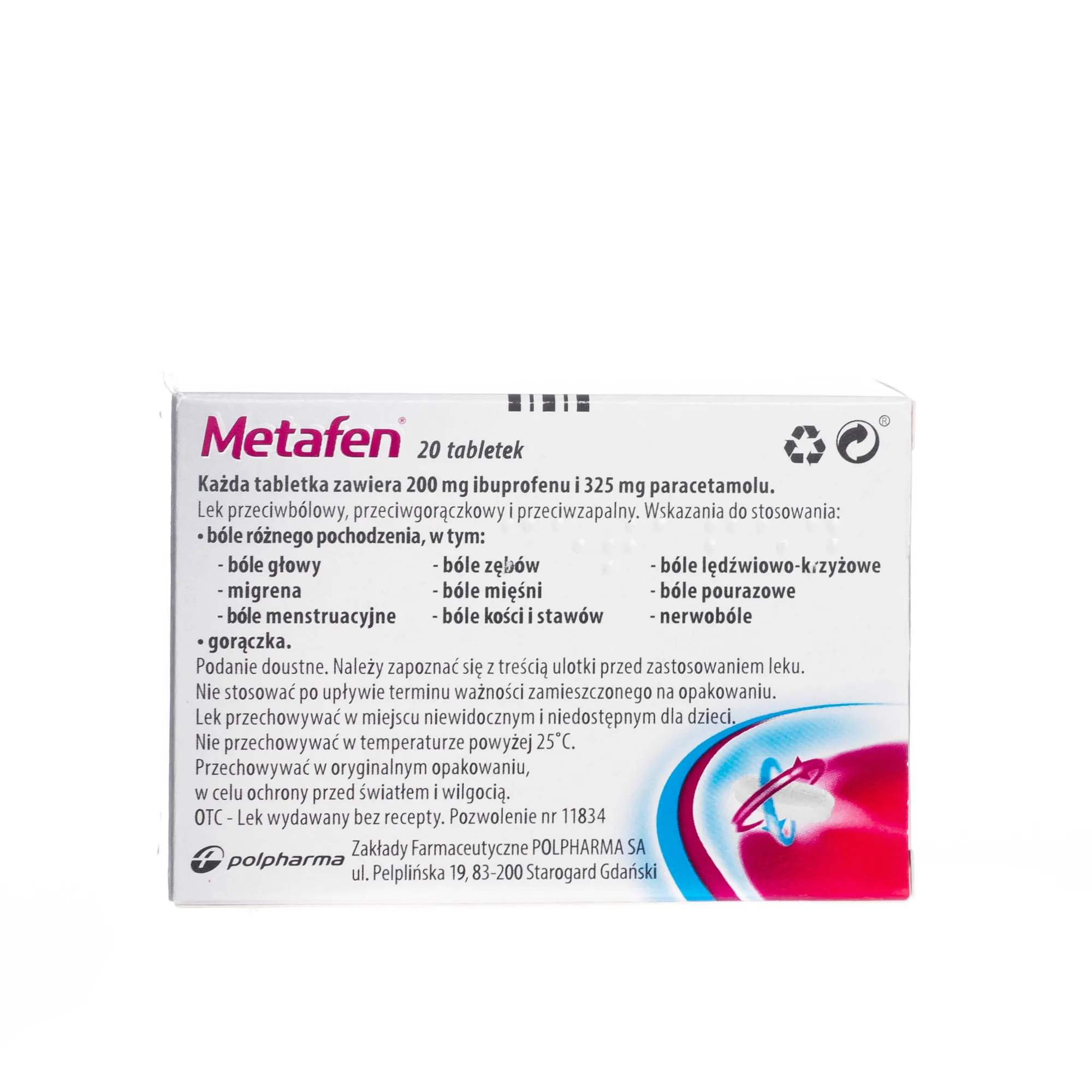 Metafen, lek przeciwbólowy i przeciwgorączkowy, 20 tabletek 
