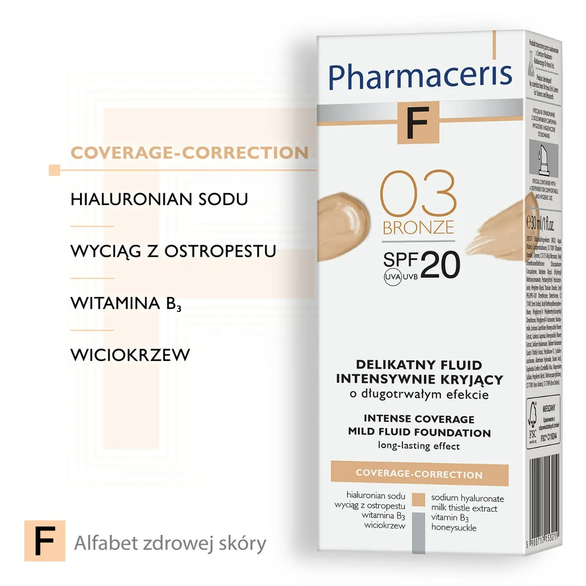 Pharmaceris F, delikatny fluid intensywnie kryjący 03 Bronze / SPF 20 / 30 ml 