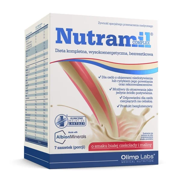 Olimp Nutramil Complex proszek o smaku białej czekolady i malin, 7 saszetek
