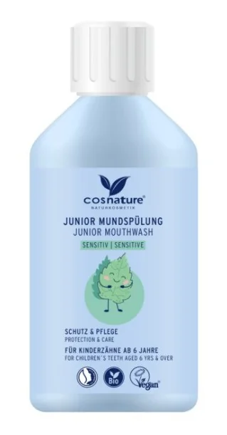 Cosnature® JuniorMouthwash Sensitive naturalny płyn do płukania ust o smaku rumiankowo-miętowym dla dzieci od 6 r.ż., do wrażliwych zębów, 300 ml