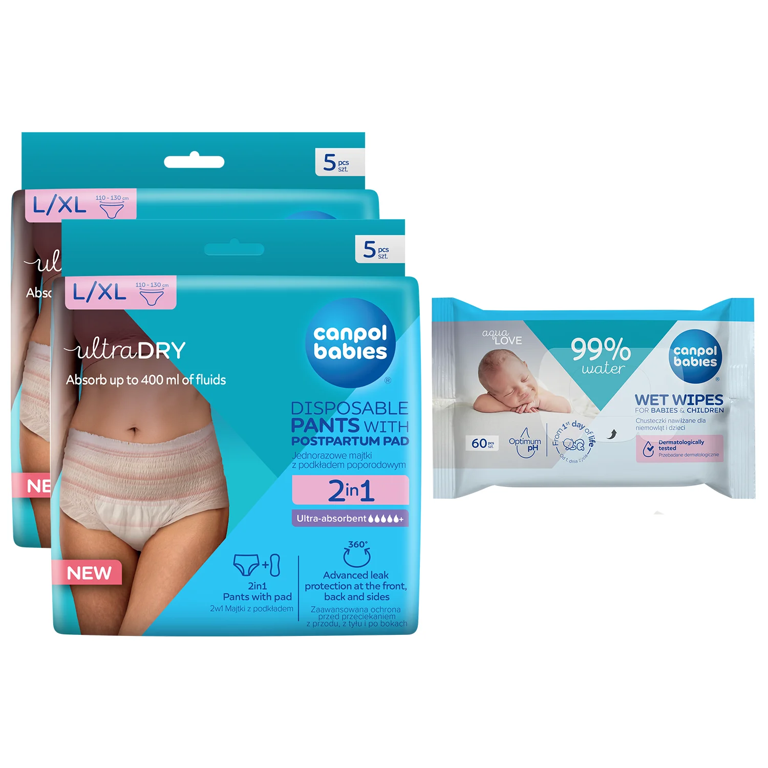 Canpol babies ultraDRY Zestaw oddychające majtki jednorazowe z podkładem poporodowym L/XL, 2 x 5 sztuk + chusteczki nawilżające, 60 sztuk GRATIS