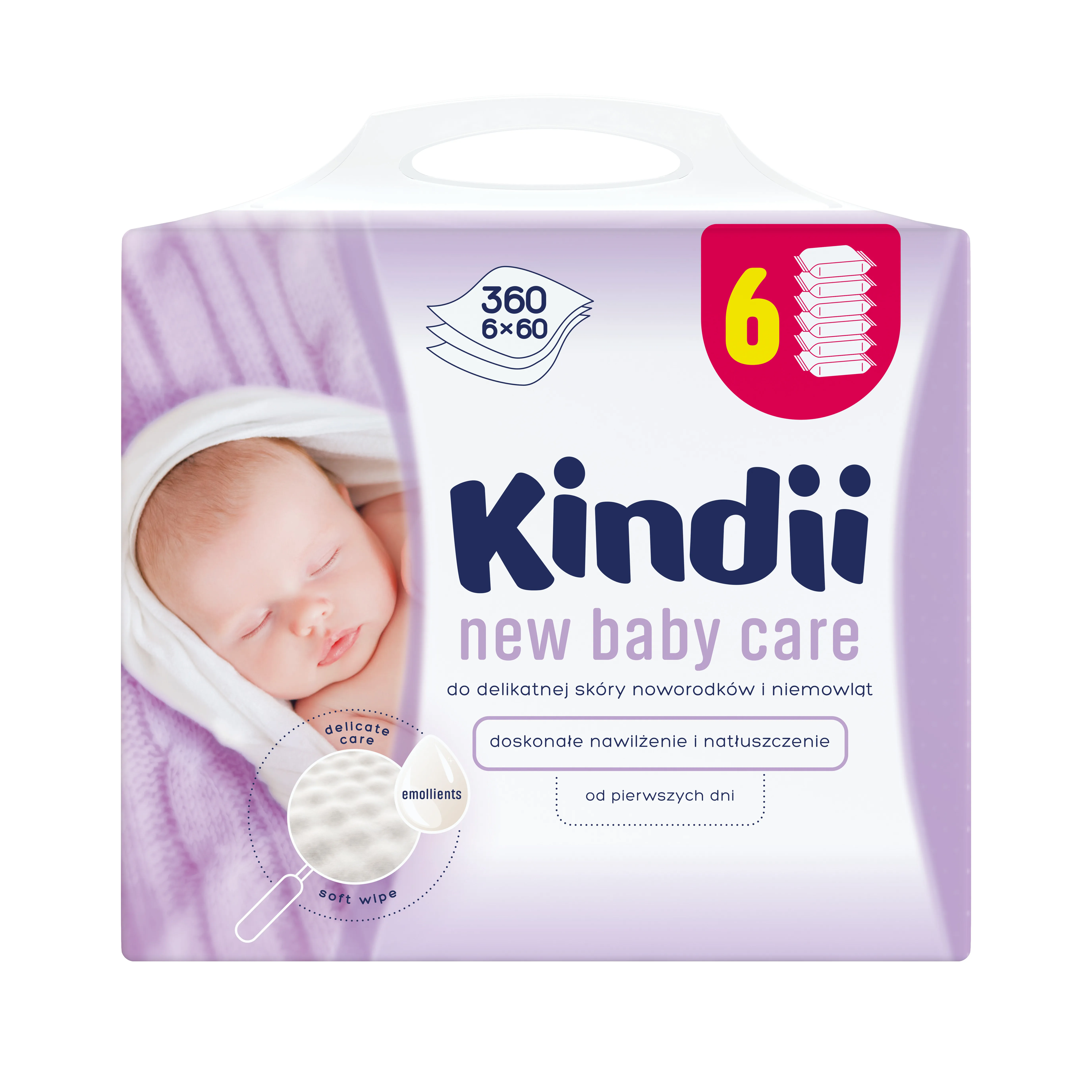 Kindii New Baby Care, chusteczki dla niemowląt do skóry delikatnej, 360 sztuk