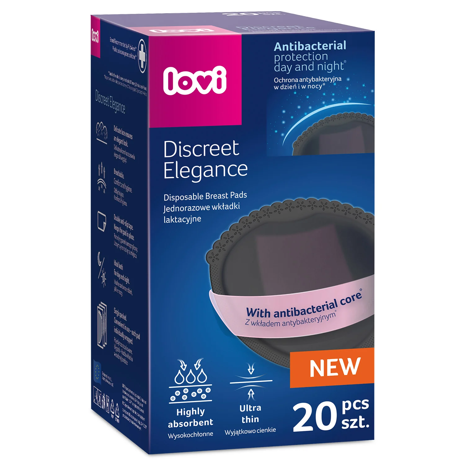 LOVI Discreet Elegance wkładki laktacyjne antybakteryjne czarne, 20 sztuk