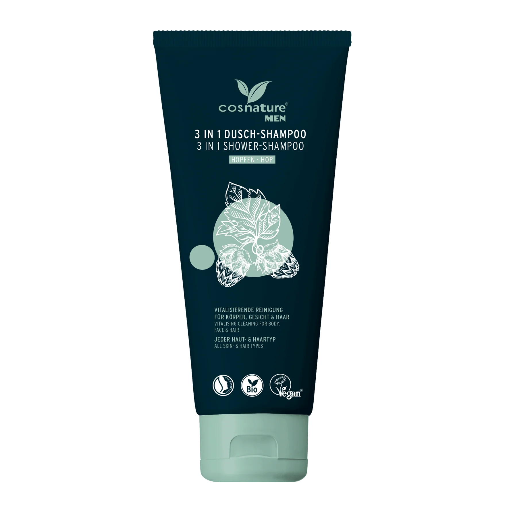 Cosnature® Men 3 w 1 naturalny szampon i żel do mycia twarzy i ciała z wyciągiem z szyszek chmielu, 200 ml