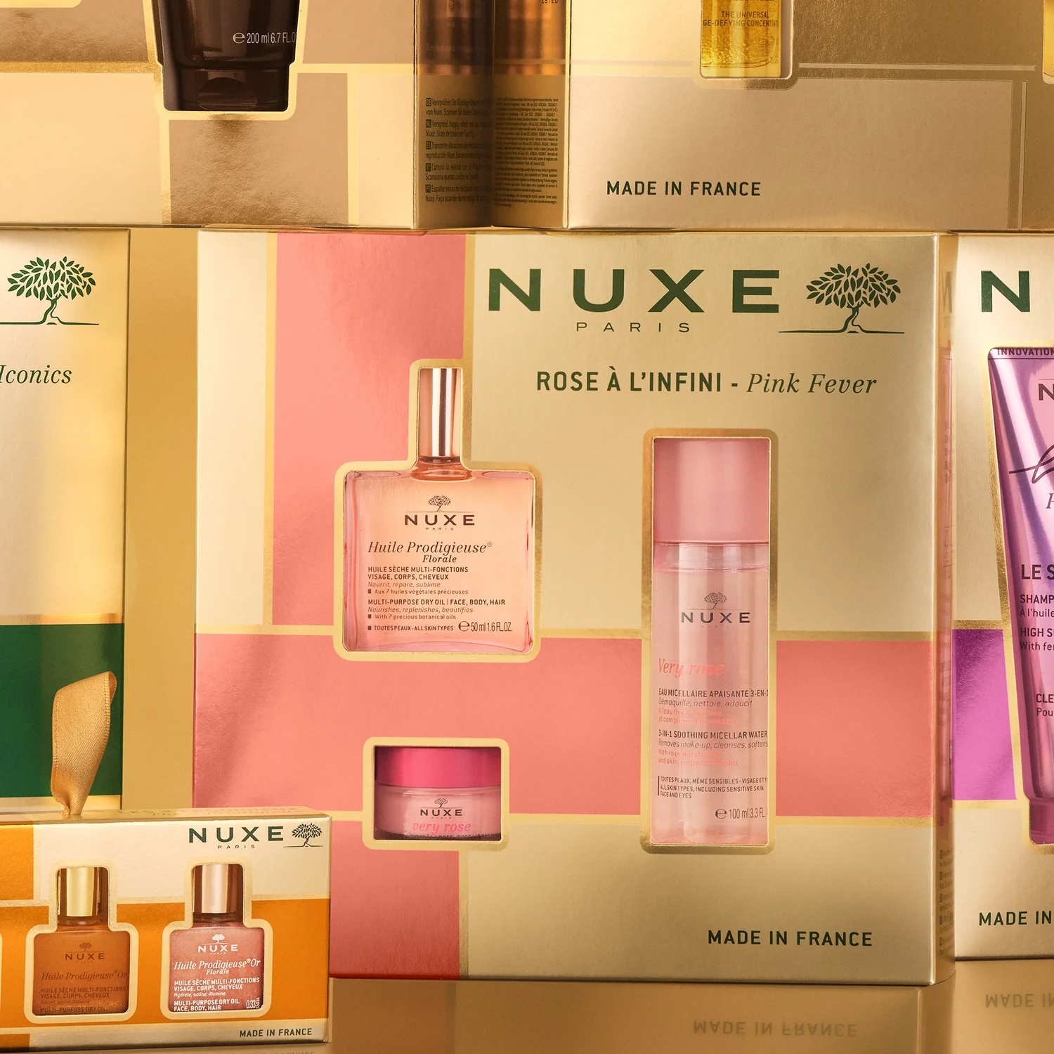 Nuxe Huile Prodigieuse Florale suchy olejek pielęgnacyjny o kwiatowym zapachu, 50 ml + Very Rose łagodząca woda micelarna, 100 ml + Very Rose różany balsam do ust, 15 g