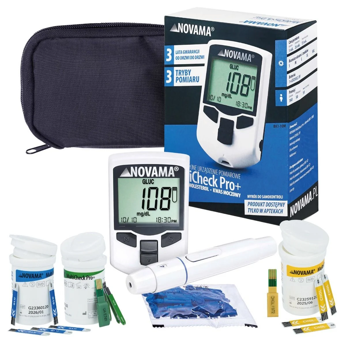 NOVAMA MULTICHECK PRO+ Wielofunkcyjne urządzenie pomiarowe do pomiaru glukozy, cholesterolu i kwasu moczowego