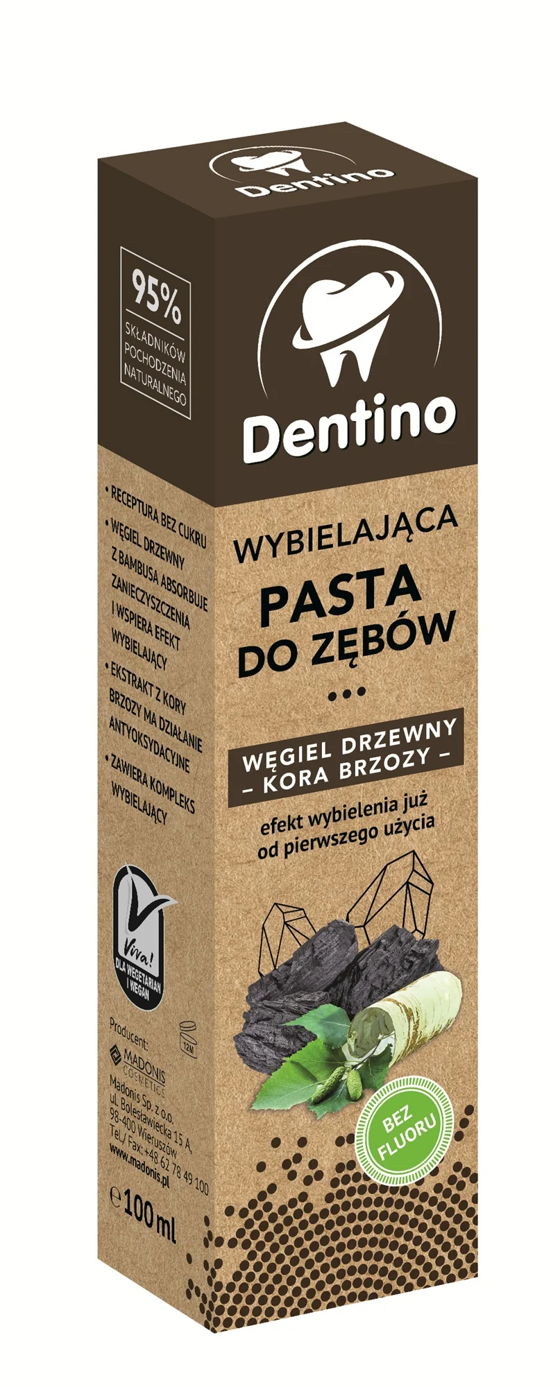 Dentino wybielająca pasta do zębów WĘGIEL DRZEWNY I KORA BRZOZY, 100 ml