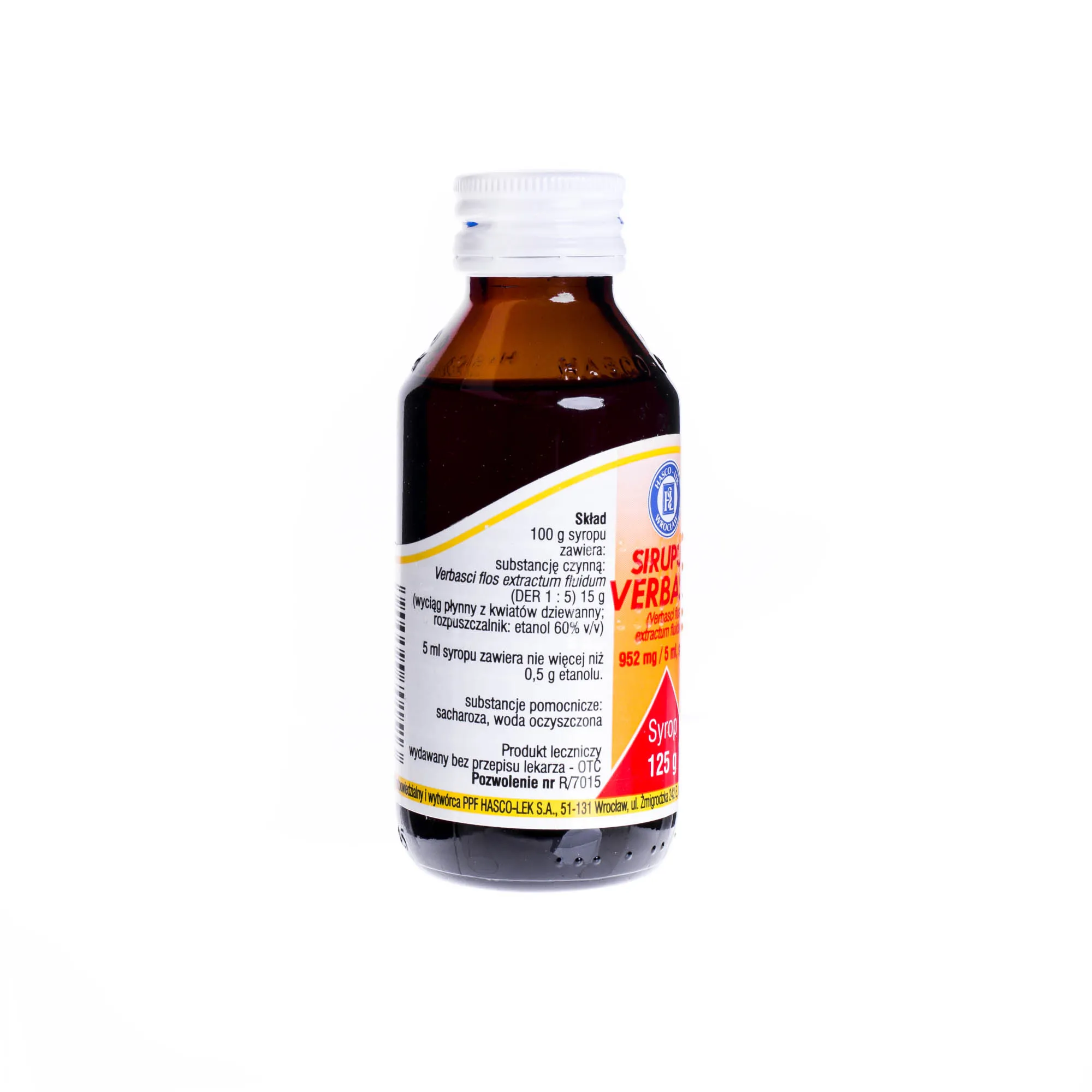 Sirupus Verbasci 952mg/5 ml - Tradycyjny produkt leczniczy stosowany w leczeniu bólu gardła, 125 g 