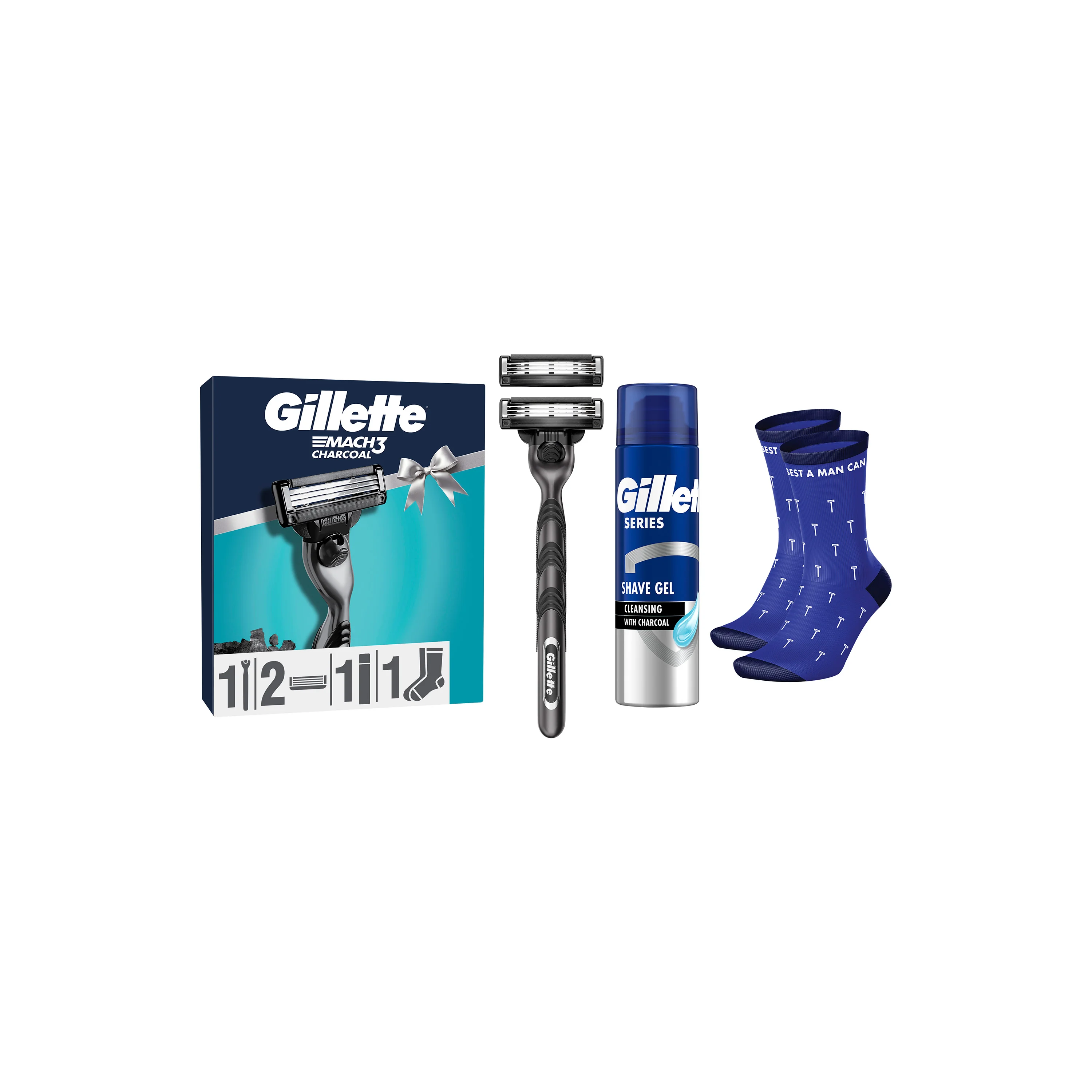 Gillette Mach3 Charcoal Xmass Zestaw maszynka do golenia + 2 głowice + żel do golenia z czarnym węglem, 200 ml + skarpetki
