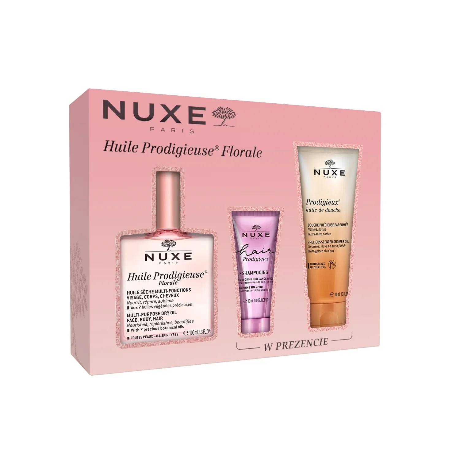 NUXE Huile Prodigieuse® Florale zestaw, suchy olejek, 100 ml + szampon do włosów, 30 ml + olejek pod prysznic, 100 ml