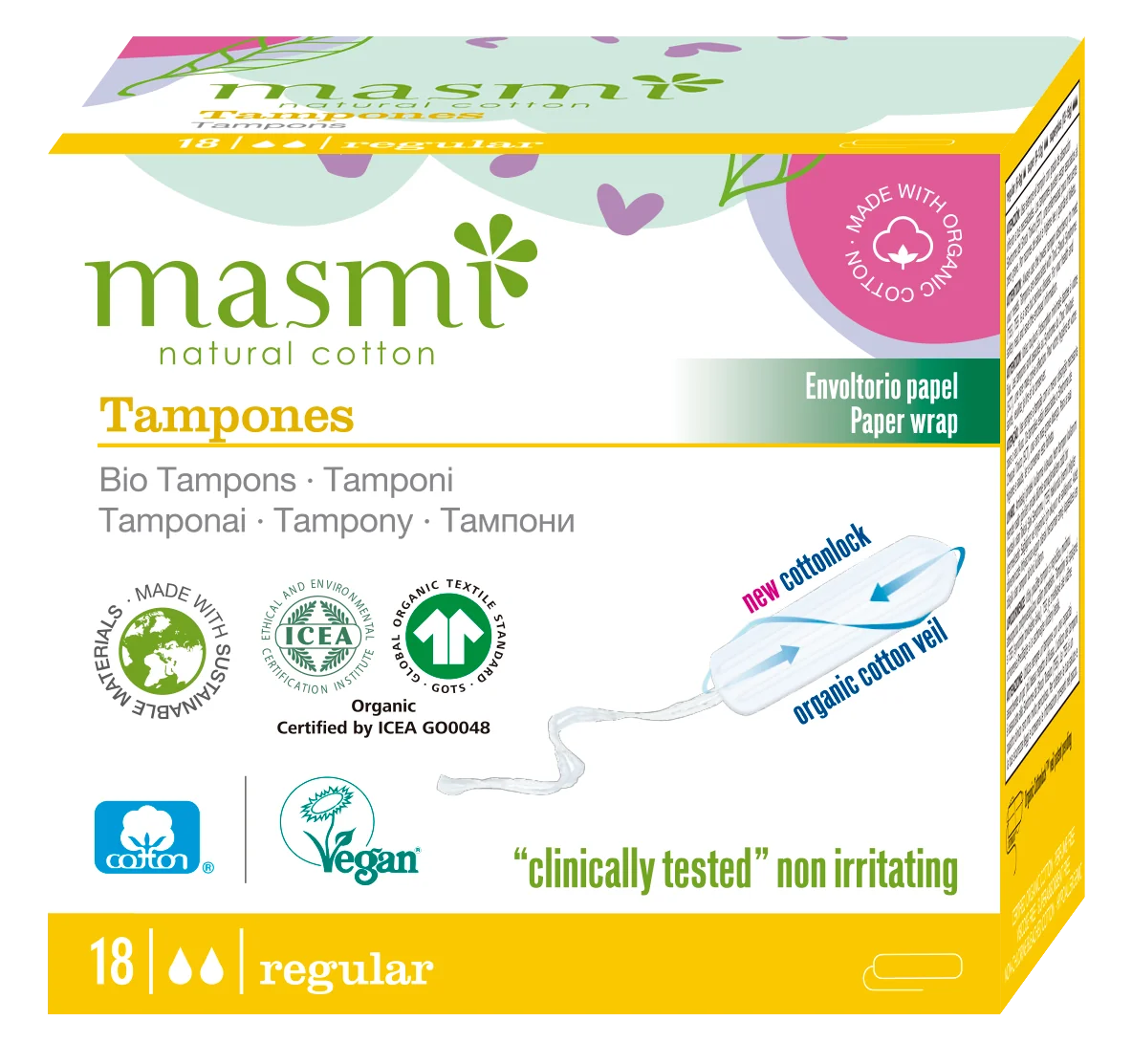 Masmi tampony z bawełny organicznej bez aplikatora Regular, 18 szt.