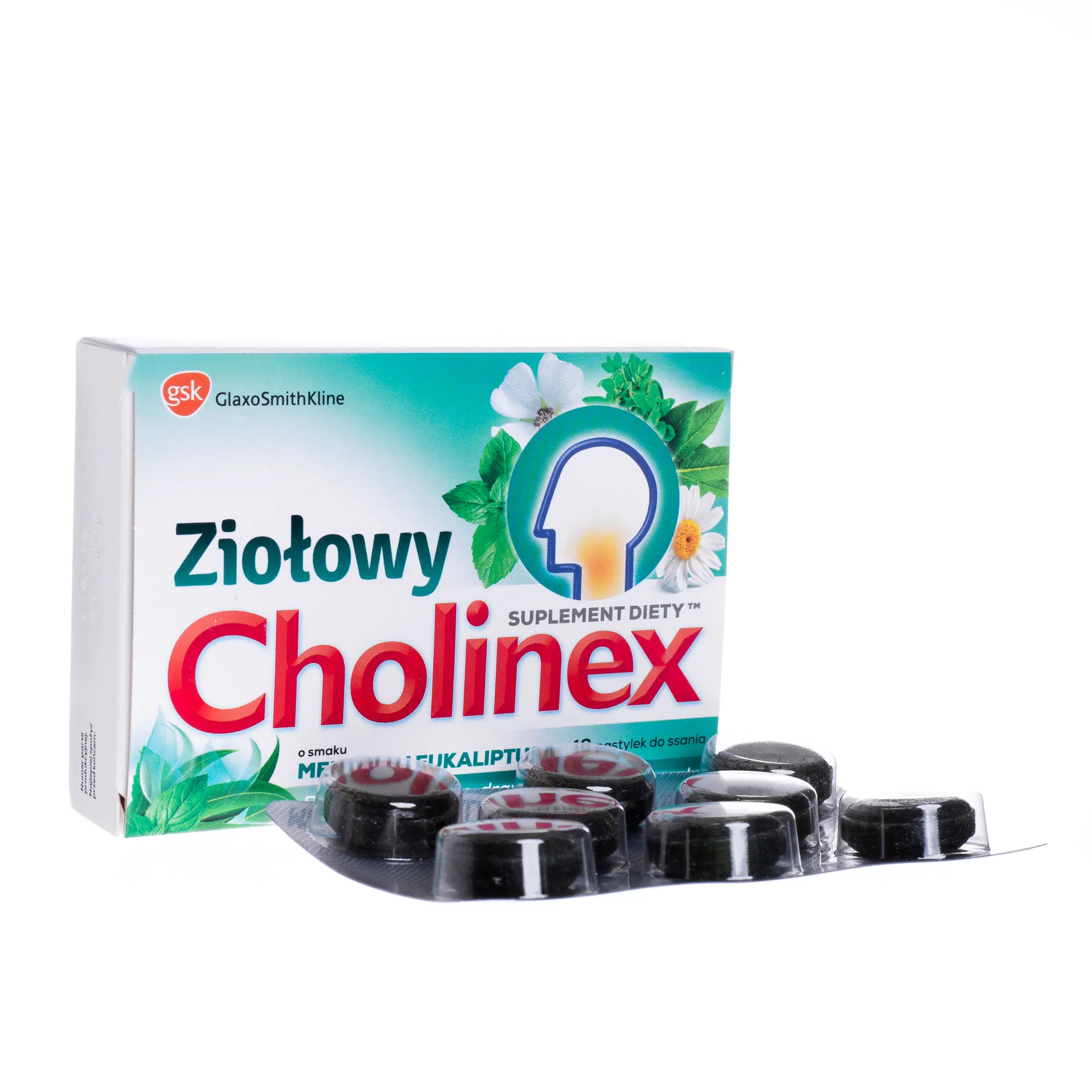 Ziołowy Cholinex, suplement diety, o smaku mentolu i eukaliptusa, 16 pastylek do ssania